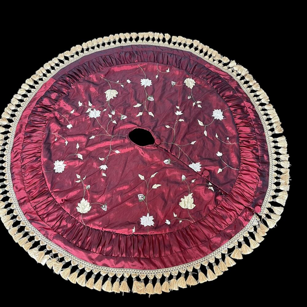 Stratford Home Christmas Tree Skirt Satin Burgundy Gold Embroidered Tassels READ